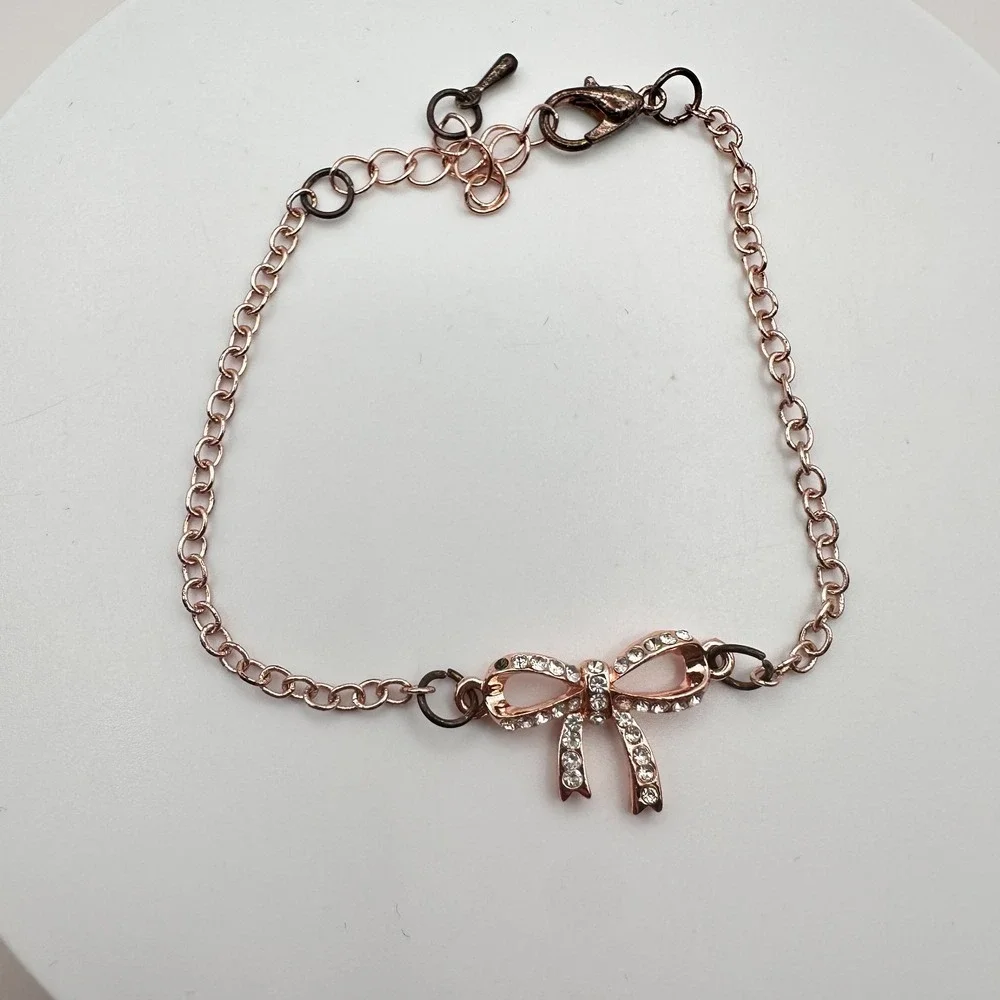 Vintage‎ 90s Rose Gold Tone Bow Rhinestone Bracelet Women's Classic Jewelry